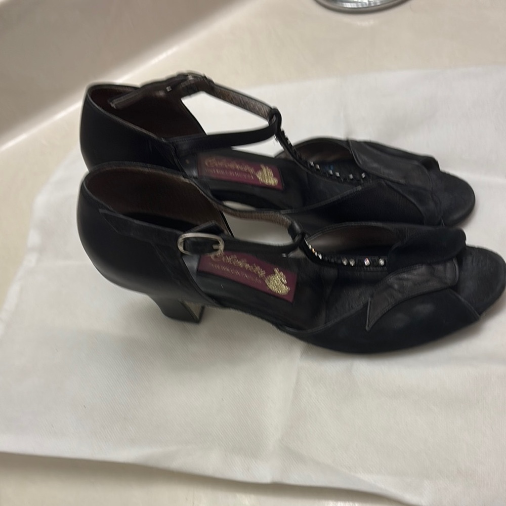 Celebrity Pink Black T-Strap Heels